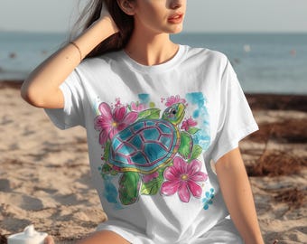 Turtle Floral T-Shirt - Colorful Watercolor Turtle Art - Sea Turtle Shirt - Tropical Digital Print Tee - Ocean Animal Graphic, Boho Design