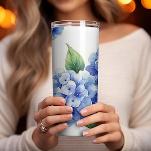 Blue Hydrangea Tumbler, Floral Tumbler Design, Watercolor Flower, Digital Download, Sublimation PNG, 20oz Skinny Tumbler,