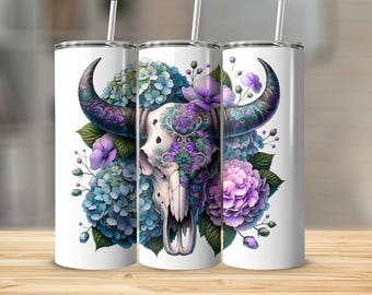 Floral Skull Digital png tumbler, Hydrangea Flowers , Boho Decor Image, Western Art ,20 oz sublimation design commercial use