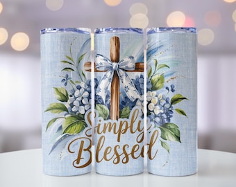Simply Blessed Digital Download, Floral Cross Tumbler Wrap Design, 300 DPI PNG, Instant Download, Commercial Use License