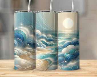 Ocean Waves Digital sublimation, Coastal Scenery , Beach Sunrise, Sea Wave Illustration, Calming Seascape Digital tumbler wrap 300 dpi 20 oz