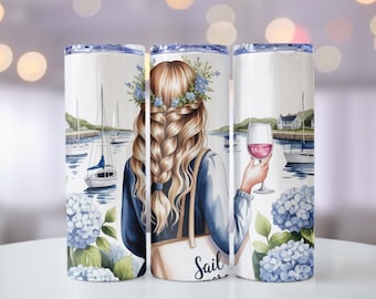 Sail More Digital Tumbler Wrap, Summer Design, 300 DPI, Instant Download, Commercial Use, Girl with Wine Digital Art