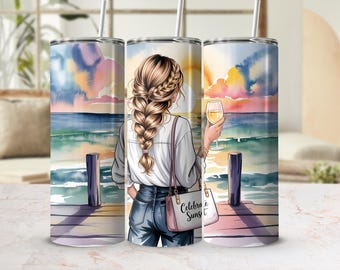 Celebrate Sunset Tumbler Wrap, Girl Wine Tumbler PNG, Beach Sunset Sublimation Designs, 20oz Skinny Tumbler, Digital Download