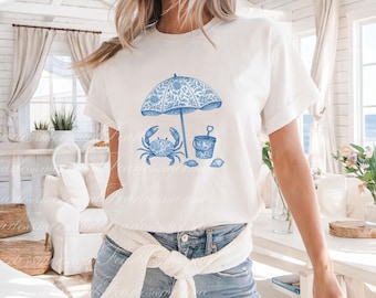 Blue Toile Beach Scene PNG – Crab, Umbrella, Teacup Digital Download for Sublimation, Chinoiserie Clipart, Coastal Decor, Commercial Use