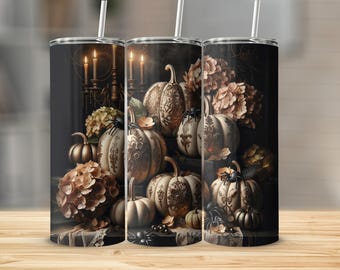 Gothic pumpkin hydrangea png tumbler wrap 20 oz skinny design sublimation Halloween skulls