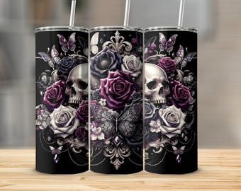 Butterfly Gothic Image, Dark Floral Print, Digital Download, Skull and Roses 20oz Tumbler Wrap PNG,Design, Gothic Floral dark romance.glam