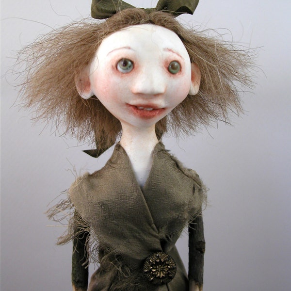 Cloth and clay folk art doll light brown hair hand sewn silk dress ooak sculpted