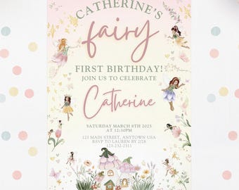 May include: A pink and yellow fairy-themed first birthday party invitation with the text "Catherine's fairy first birthday! Join us to celebrate Catherine" and details for the party, including the date, time, location, and RSVP information.