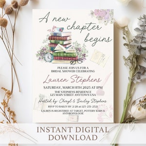 Invitación para el comienzo de un nuevo capítulo, invitación para la despedida de soltera de un nuevo capítulo, despedida de soltera de un nuevo capítulo, despedida de soltera con temática de libros, invitación editable V1