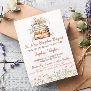 Invitación A New Chapter Begins: despedida de soltera con temática de libros, invitación para baby shower, plantilla de Canva editable, nuevo capítulo literario V3