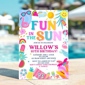 Fun in the Sun Geburtstagseinladung, Strand Thema Kinder Party einladen, Bearbeitbare Canva Vorlage, Digitaler Sommergeburtstag Download