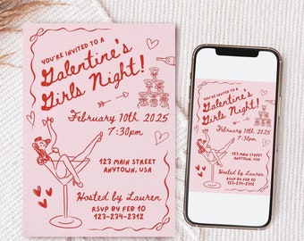 Editable Galentines Day Invite, Galentine's Party Invitation Template, Galentines Girls Night, Galentine Brunch, Hand Drawn, Instant V2