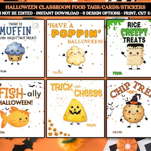 May include: Halloween-themed food tags with six designs. Each tag features a cartoon food item with a punny Halloween message. Designs include a muffin, popcorn, rice crispy treat, fish, cheese wedge, and cookie. The tags are designed to be printed and cut.