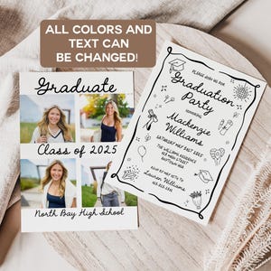 Class of 2025 Graduation Invite - Photo Grad Party Invitation - Editable Canva Digital Template - Hand Drawn Graduation Illustrations