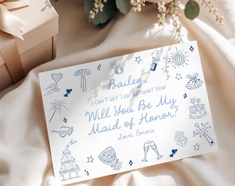Edytowalna karta z propozycją małżeństwa dla druhny – szablon Canva – propozycja małżeństwa dla druhny – cyfrowe zaproszenie dla druhen – ręcznie rysowany styl Doodle
