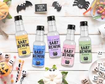 Halloween Baby Shower Favors, Baby Is Brewing Potion Favors, Mini Liquor Bottle Labels 2" x 2", Editable Canva Template