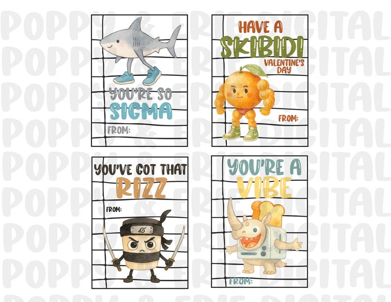 May include: Set of four Valentine's Day cards with cartoon characters. The cards feature a shark, orange, ninja, and rhino, each with a unique phrase. The phrases include "You're so Sigma," "Have a Skibidi Valentine's Day," "You've got that Rizz," and "You're a Vibe."