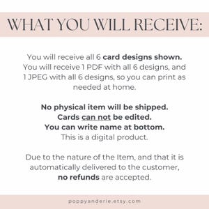 Pu&ograve; includere: Un foglio informativo sul prodotto digitale con il testo "WHAT YOU WILL RECEIVE:" in alto. Il testo descrive il prodotto digitale, tra cui 6 design di carte, un PDF e un file JPEG. Indica inoltre che nessun articolo fisico verr&agrave; spedito.