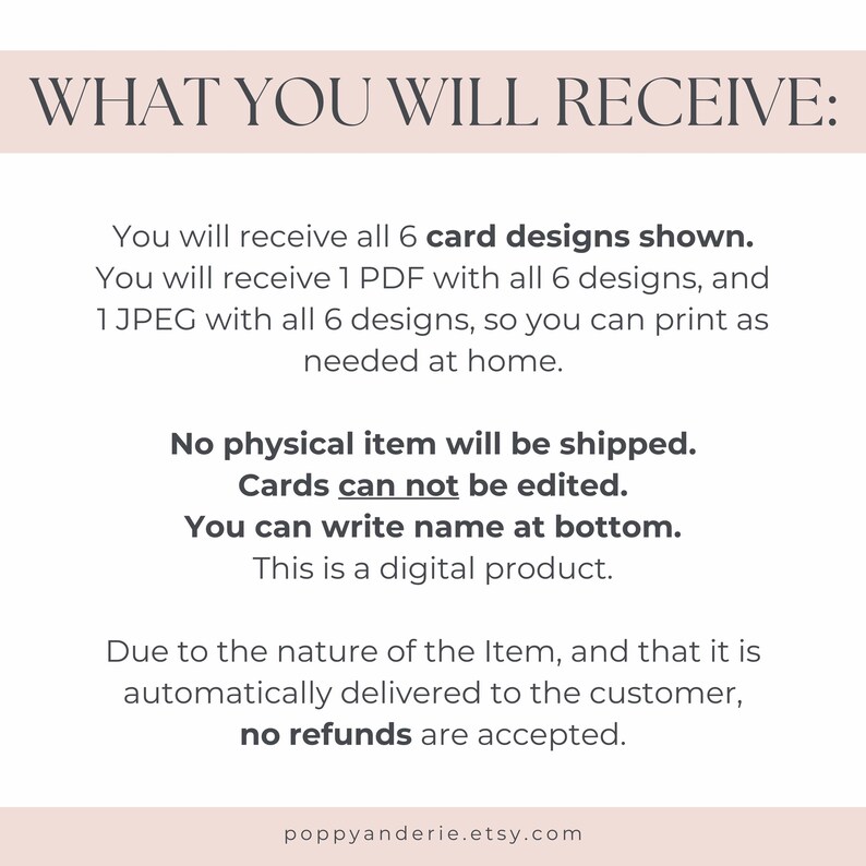 Pu&ograve; includere: Un foglio informativo sul prodotto digitale con il testo "WHAT YOU WILL RECEIVE:" in alto. Il testo descrive il prodotto digitale, tra cui 6 design di carte, un PDF e un file JPEG. Indica inoltre che nessun articolo fisico verr&agrave; spedito.