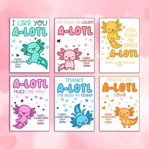 Pu&ograve; includere: Sei biglietti di San Valentino con illustrazioni di axolotl. Ogni biglietto ha un messaggio diverso, come "Mi piaci" e "Ti mando amore!" I biglietti sono in vari colori, con cuori e il testo "Buon San Valentino!"