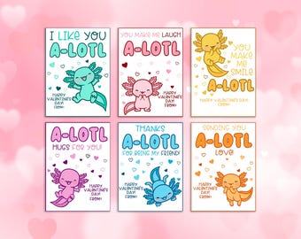Axolotl Valentine's Day Cards, Axolotl Valentines Cards, Printable Classroom Valentine's Day Cards, Animal Valentines, Elementary School