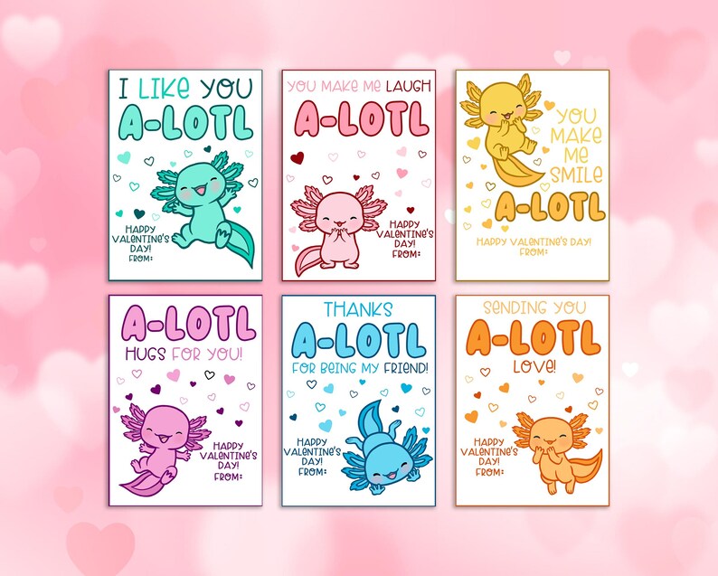 Pu&ograve; includere: Sei biglietti di San Valentino con illustrazioni di axolotl. Ogni biglietto ha un messaggio diverso, come "Mi piaci" e "Ti mando amore!" I biglietti sono in vari colori, con cuori e il testo "Buon San Valentino!"
