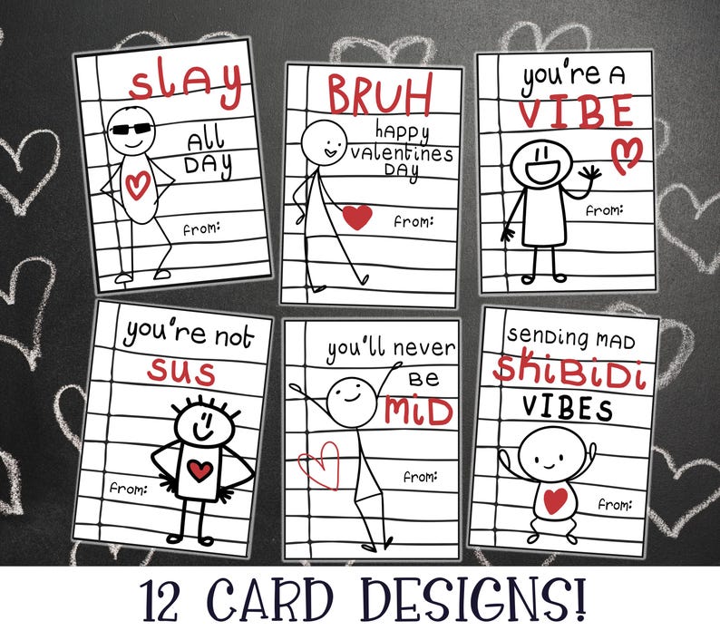 Kids Valentine's Day Cards (12), Gen Alpha Valentine, Slang Printable ...
