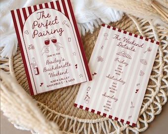 Invitación de despedida de soltera con cata de vinos, plantilla editable de Canva "Maridaje perfecto", itinerario de fin de semana para fiesta en viñedo, despedida de soltera de otoño