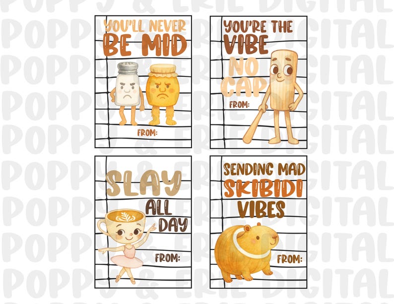 May include: Four digital art cards with cartoon characters and text. The cards feature a salt shaker and honey pot with the text "You'll Never Be Mid", a baseball bat with "You're The Vibe No Cap", a coffee cup with "Slay All Day", and a guinea pig with "Sending Mad Skibidi Vibes".