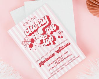 Invitación "She's the Cherry on Top", despedida de soltera con temática de cerezas, plantilla de invitación digital editable, V1