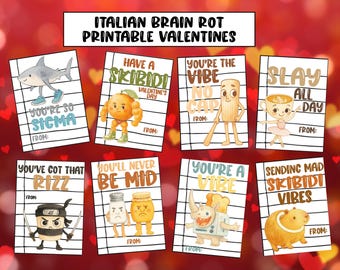 Biglietti di San Valentino stampabili con il cervello marcio, biglietti di San Valentino sull'amicizia in classe, biglietti di San Valentino per la generazione Alpha, biglietti di San Valentino divertenti per bambini, cervello marcio italiano