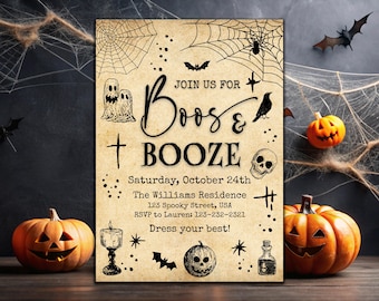 Invitación de Halloween "Abucheos y Bebidas", invitación para fiesta de Halloween para adultos, plantilla editable de Canva, descarga instantánea