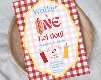 Hot Dog 1st Birthday Invitation | BBQ Theme, Editable Canva Template (Instant Download)