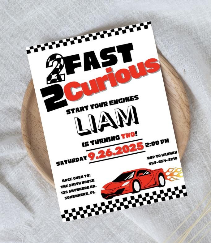 Two Fast Two Curious」2歳の誕生日招待状：レースカーテーマ
