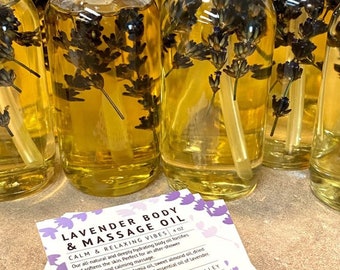 Lavender Body & Massage Oil -- 4 fl oz, Small Batch, Tap into Calm and Relaxing Vibes; for Lavender Lovers with dried lavender flowers