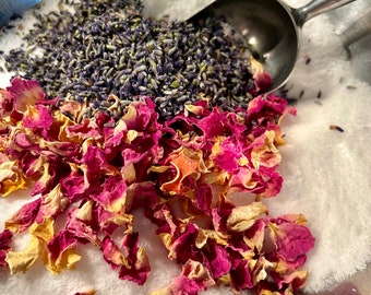 Lavender bath salt with rose petals;  bath soak; self-care, me-time for lavender lovers, relax, bliss, relax, rejuvenate