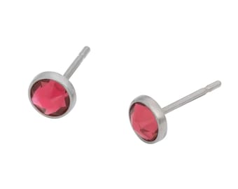 Indian Pink Swarovski Crystal (4mm or 5mm) Bezel Set on Titanium Posts (Hypoallergenic Stud Earrings for Sensitive Ears)