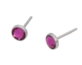 Fuchsia Swarovski Crystal (4mm or 5mm) Bezel Set on Titanium Posts (Hypoallergenic Stud Earrings for Sensitive Ears)