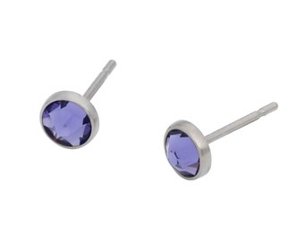 Swarovski Tanzanite Crystal (4mm or 5mm) Bezel Set on Titanium Posts (Hypoallergenic & Nickel Free Stud Earrings for Sensitive Ears)