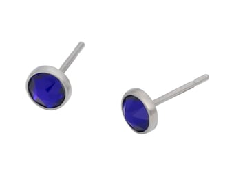 Titanium Earrings Studs Cobalt Blue Swarovski Crystals / 4mm or 5mm / Allergy Free Earrings for Metal Allergies