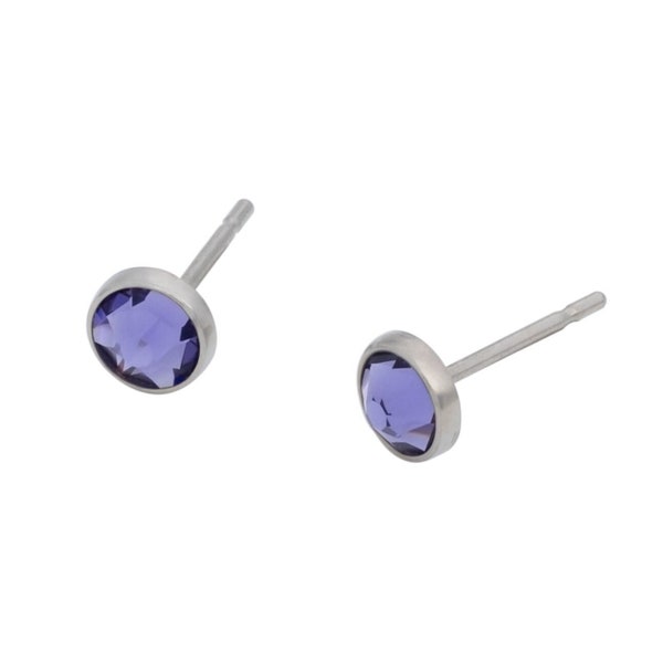 Swarovski Tanzanite Crystal (4mm or 5mm) Bezel Set on Titanium Posts (Hypoallergenic & Nickel Free Stud Earrings for Sensitive Ears)