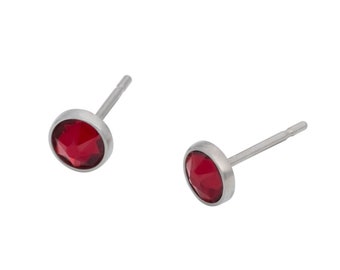 Siam Red Swarovski Crystal (4mm or 5mm) Bezel Set on Titanium Posts (Nickel Free and Hypoallergenic Stud Earrings for Sensitive Ears)