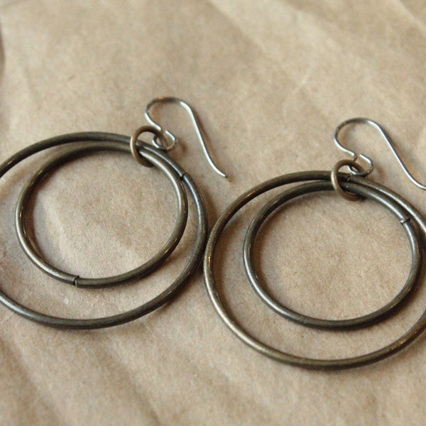 Pure Titanium Earrings / Hypoallergenic Hoop Earrings / Allergy Free Earrings Hoops - Double Bangled Oxidized Gold Hoop Dangle