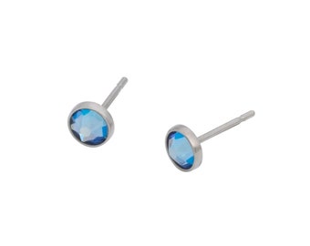 Light Sapphire Shimmer Swarovski Crystal (4mm or 5mm) Bezel Set on Pure Titanium Studs (Hypoallergenic Post Earrings for Sensitive Ears)