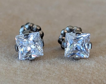 Pure Titanium Earrings - Square Cubic Zirconia - Facet Cut - Hypoallergenic Nickel Free Studs
