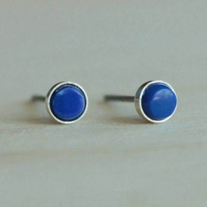 Lapis Lazuli Gemstone Titanium Earrings Studs / 5mm Cabochon Bezel Set / Earrings for Sensitive Ears image 1