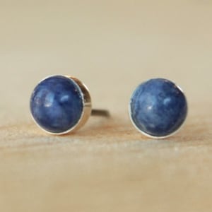 Sodalite Gemstone 5mm Bezel Set on Niobium or Titanium Posts (Hypoallergenic Stud Earrings for Sensitive Ears)