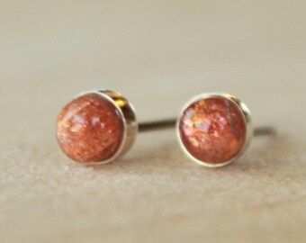 Sunstone Gemstone 4mm Bezel Set on Niobium or Titanium Posts (Hypoallergenic & Nickel Free Stud Earrings for Sensitive Ears)