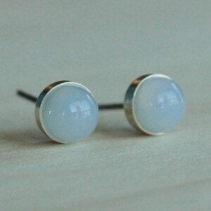 Blue Chalcedony Gemstone 6mm Bezel Set on Niobium or Titanium Posts (Hypoallergenic Stud Earrings for Sensitive Ears)