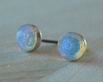 Ethiopian Opal Gemstone Titanium Earrings Studs / 6mm Rose Cut Faceted Bezel Set / Sensitive Ears Earrings